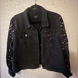 Women’s black denim Bebe size L with pearl embellishment on the arms